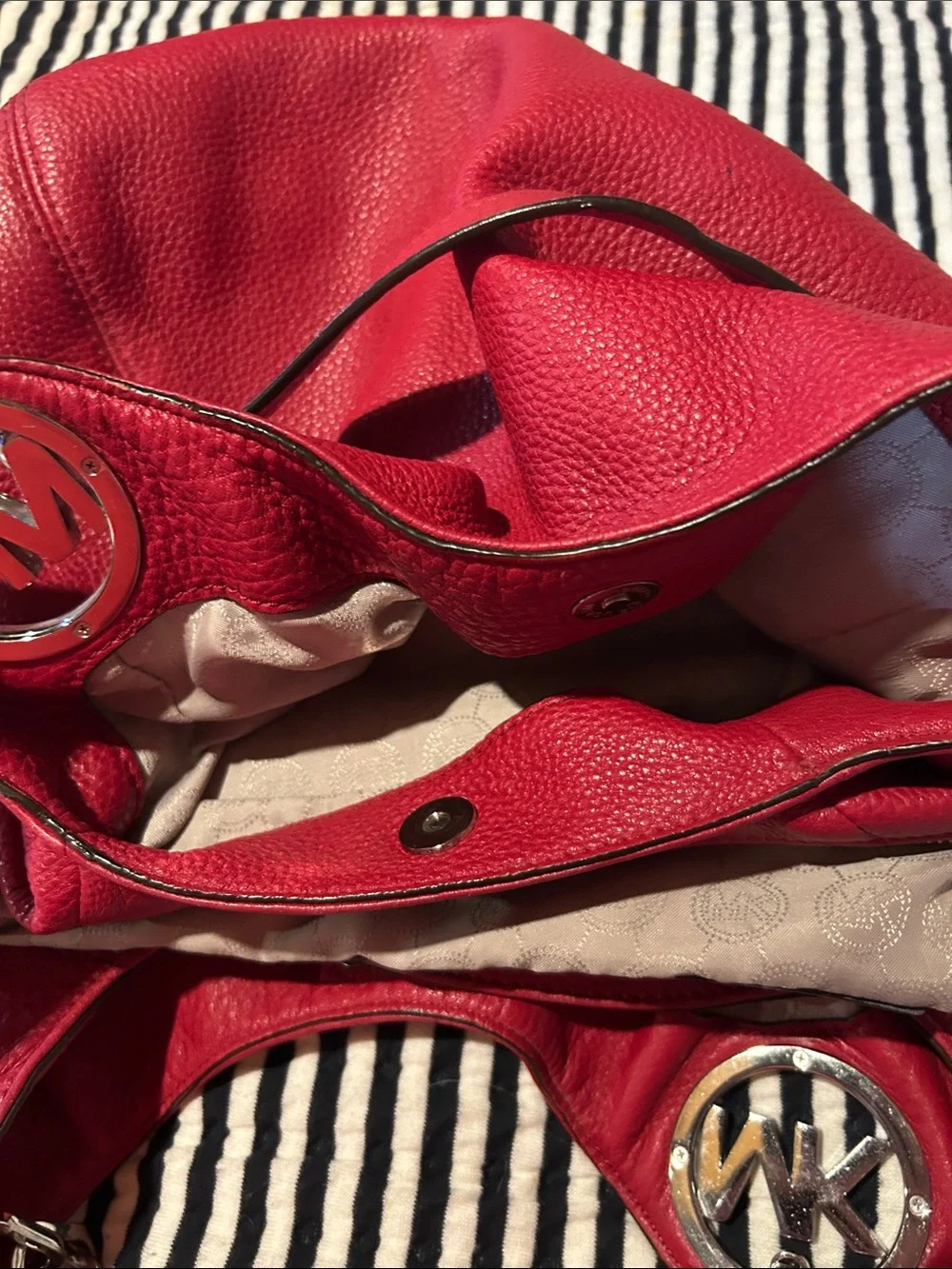 Michael Kors Pink-Red Pebbled Leather Shoulder Bag with Silver Hardware